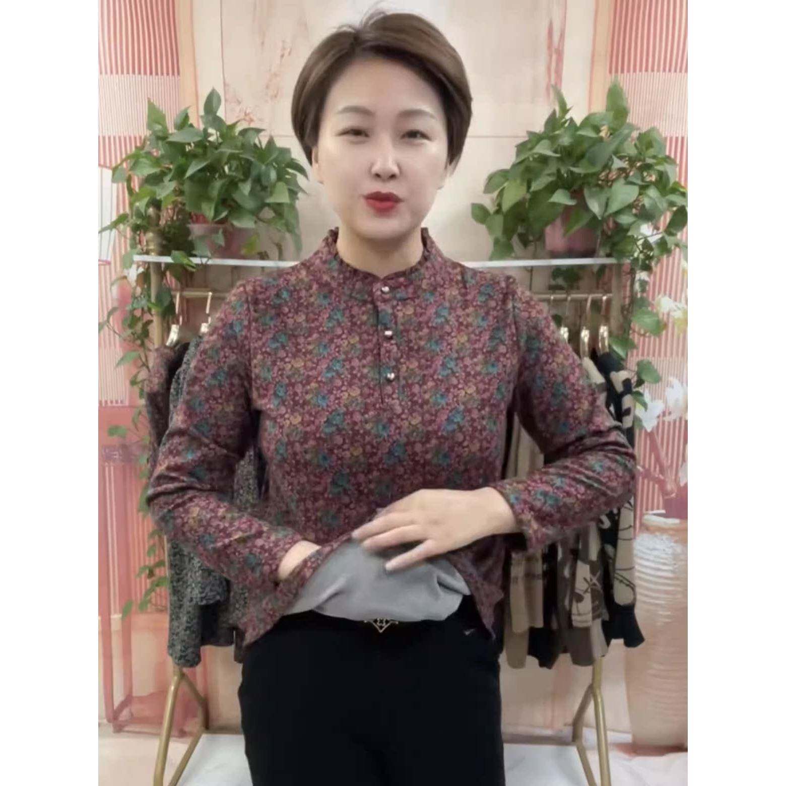 新品秋冬新款德绒体恤中老年妈妈木耳领加厚保暖长袖打底衫旗袍上