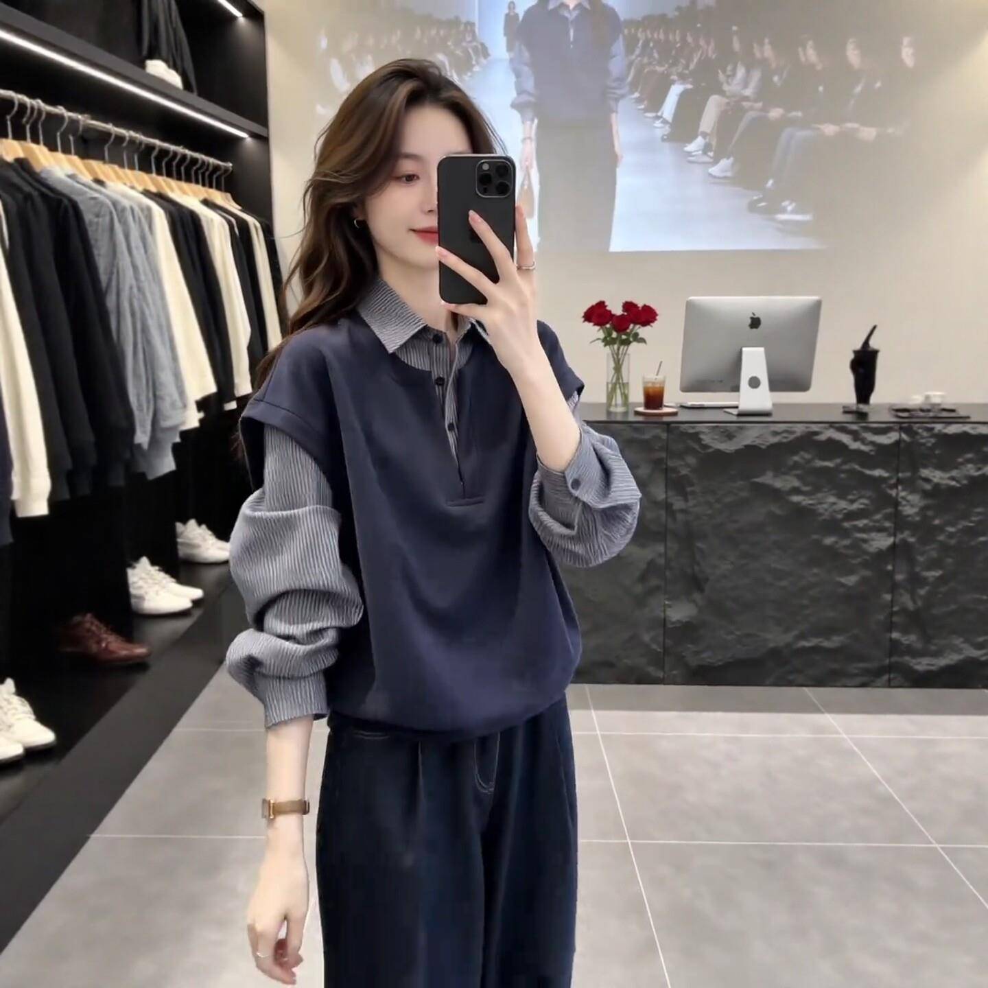 新品假两件拼接格子长袖衬衫女2026秋季大码胖mm独特漂亮宽松慵懒