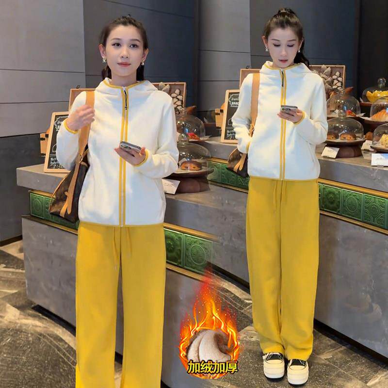 新品时尚加绒休闲套装女2026秋冬新款洋气双面绒连帽卫衣运动裤两