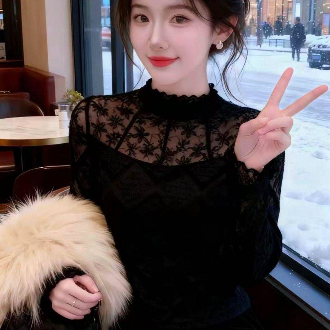 新品绝美名媛感白色蕾丝打底衫2026春秋镂空针织衬衫内搭优雅网纱