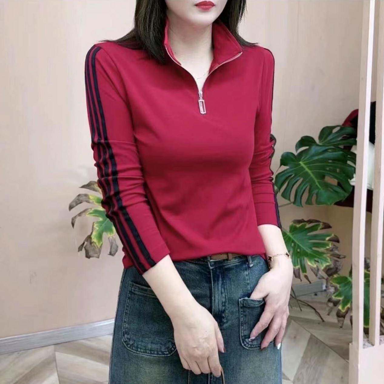 新品欧货休闲半拉链长袖纯棉T恤上衣女新款时尚显瘦韩版立领百搭