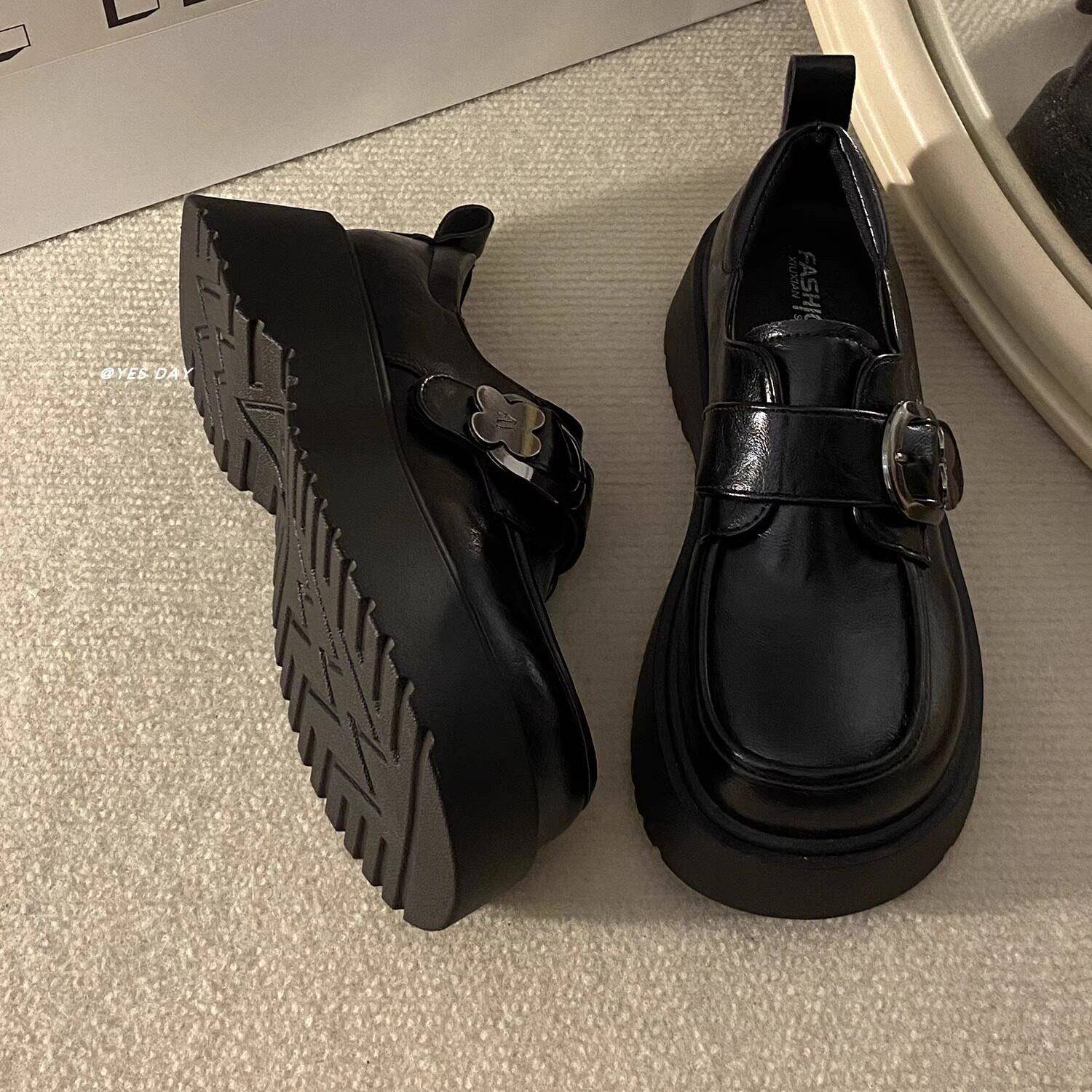 新品内增高乐福鞋女2026新款法式山茶花小个子厚底黑色英伦小皮鞋