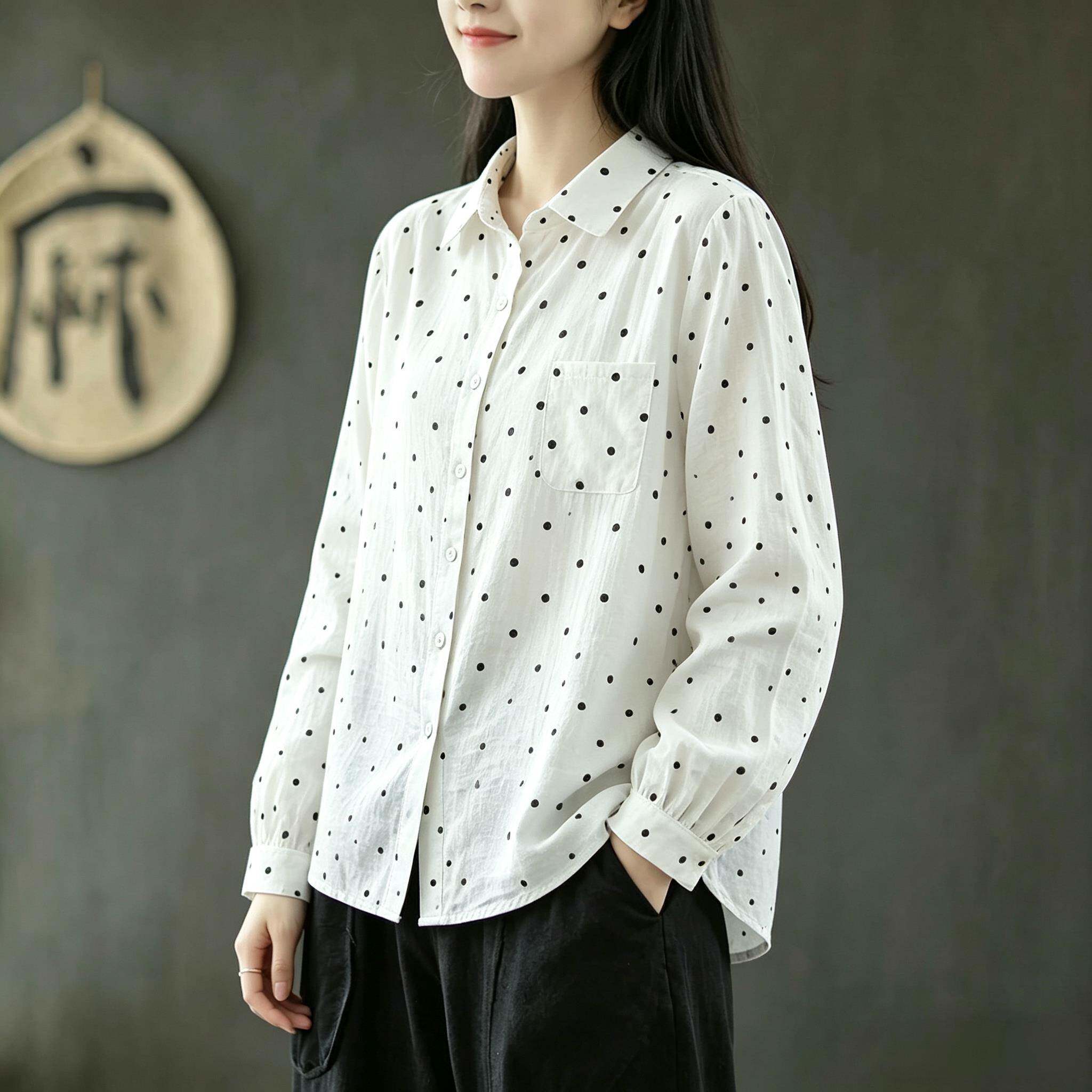 新品日系文艺印花长袖衬衫女春秋季宽松显瘦百搭翻领衬衣双层棉纱