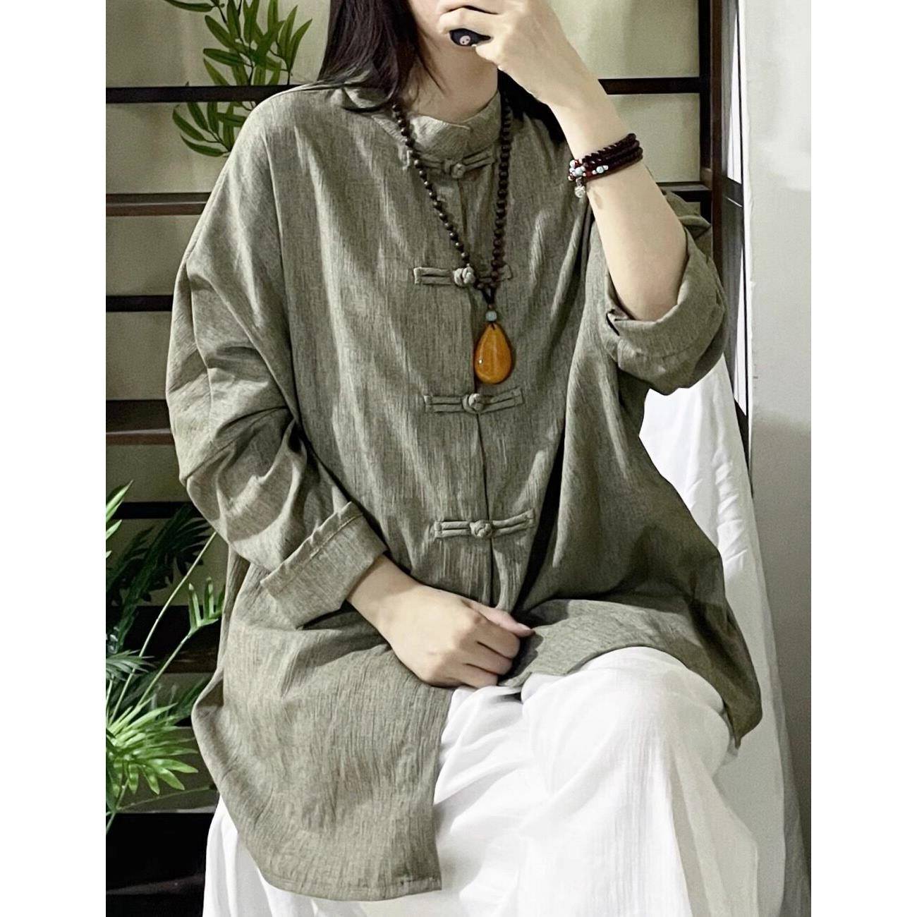 新品中长款复古盘扣棉麻衬衫女士宽松大码休闲中式禅意茶服长袖上