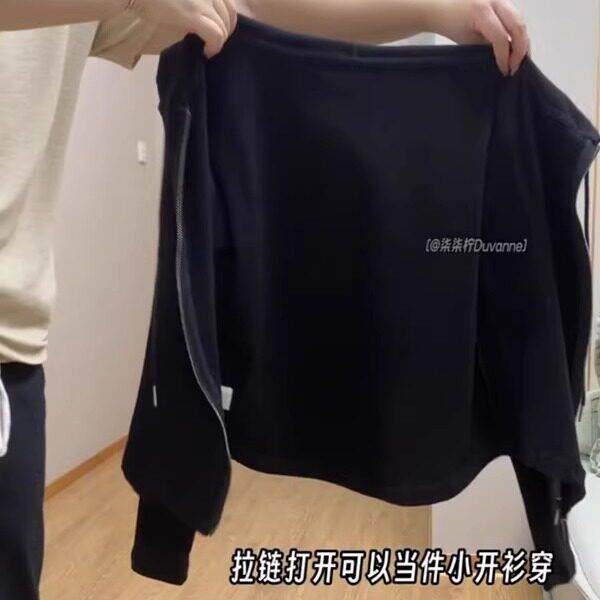 新品黑色连帽卫衣女双拉链开衫外套秋季新款大码胖mm显瘦宽松打底
