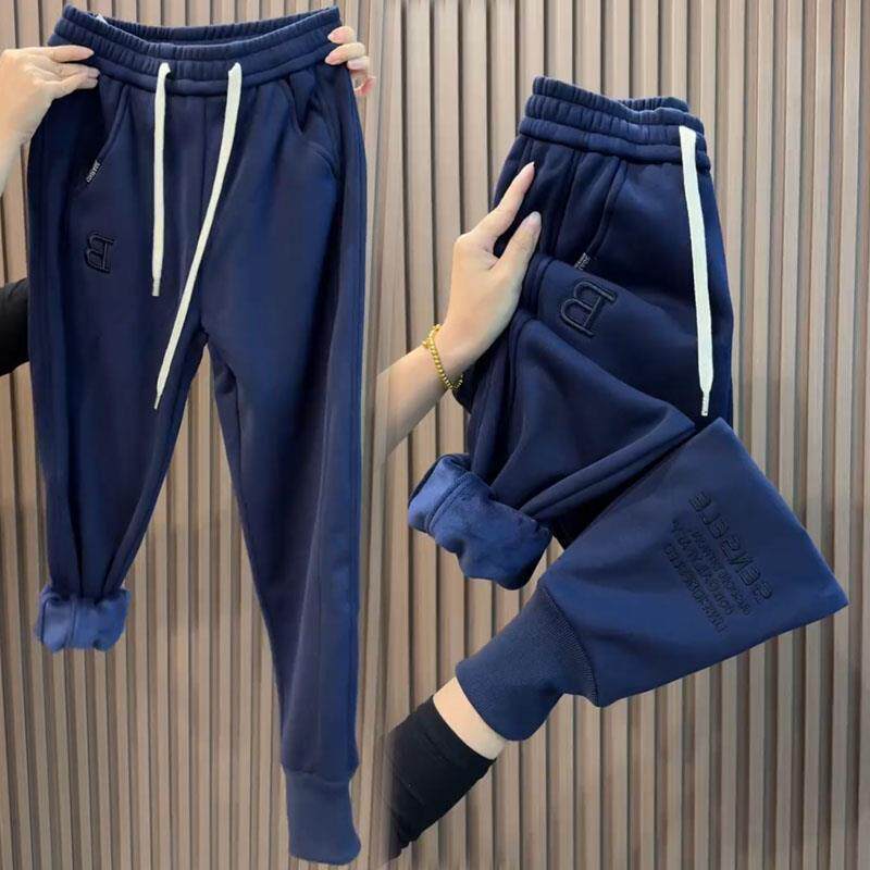 新品加绒加厚红色卫裤女冬季款欧货高腰显瘦休闲运动裤宽松束脚哈
