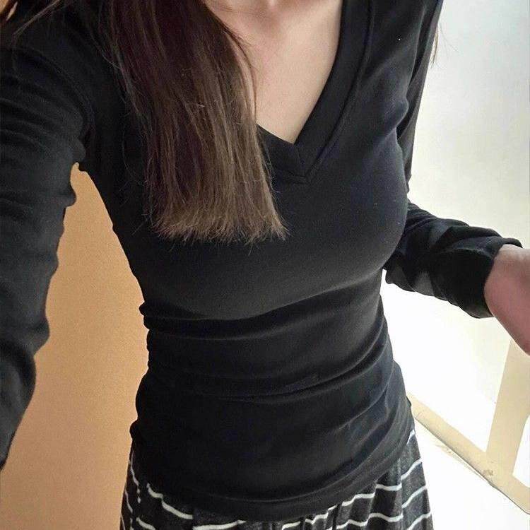 新品莫代尔弹力螺纹长袖T恤女春秋正肩V领修身显瘦纯色百搭打底衫