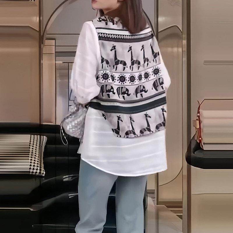 新品设计感印花正肩五分袖衬衫女春季高级感薄款衬衣时尚百搭圆领