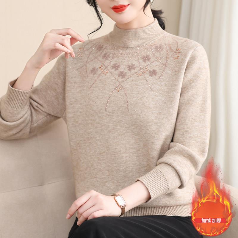 新品胖妈妈冬装新款加绒加厚毛衣大码打底衫中老年人女保暖内搭上