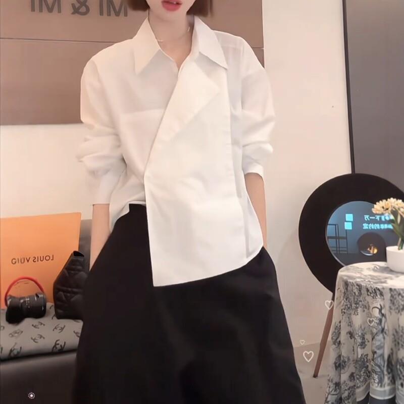 新品法式设计感长袖条纹衬衫2026秋季新款大码胖MM宽松显瘦不规则