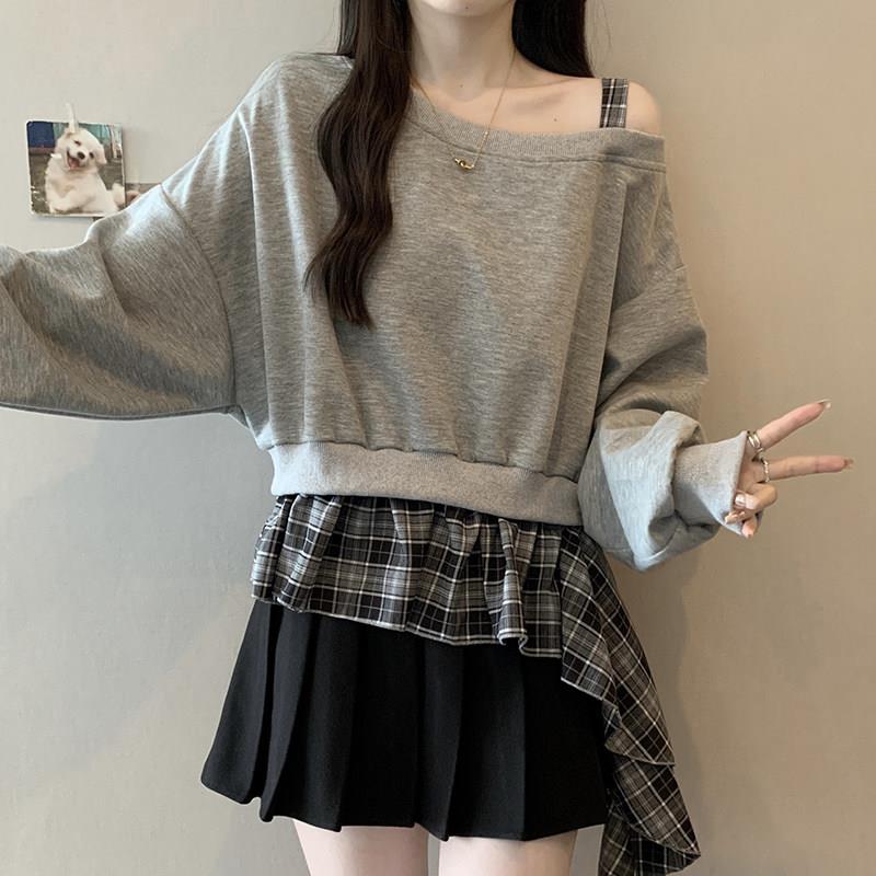 新品大码露肩不规则格子拼接长袖假两件卫衣女秋冬季胖MM宽松显瘦