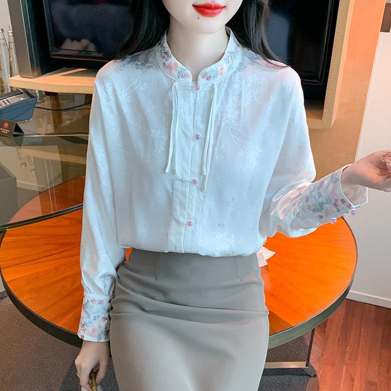 新品新中式国风刺绣白色雪纺衬衫女士春秋2026款旗袍小衫复古长袖