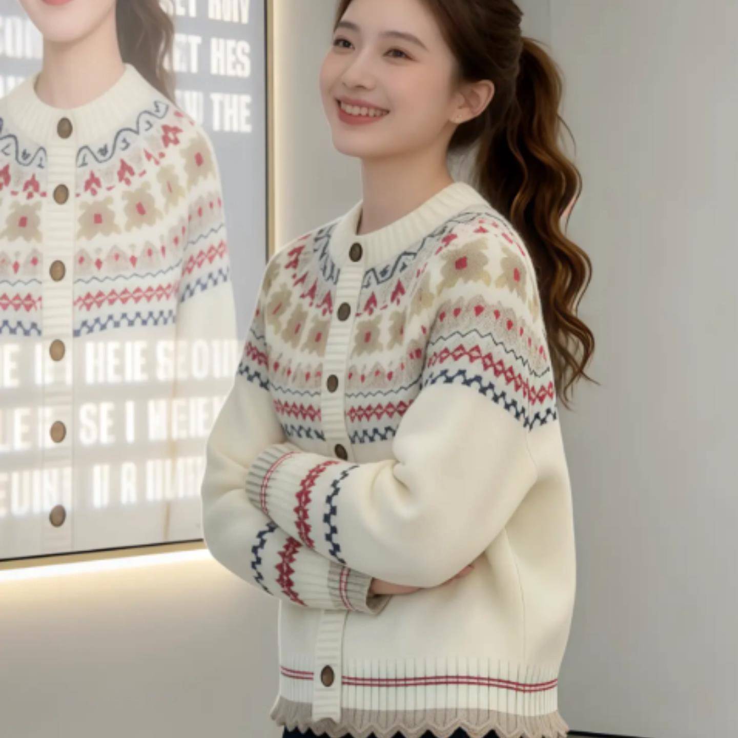 新品费尔岛提花圆领毛衣开衫外套女2026春季新款宽松洋气针织上衣