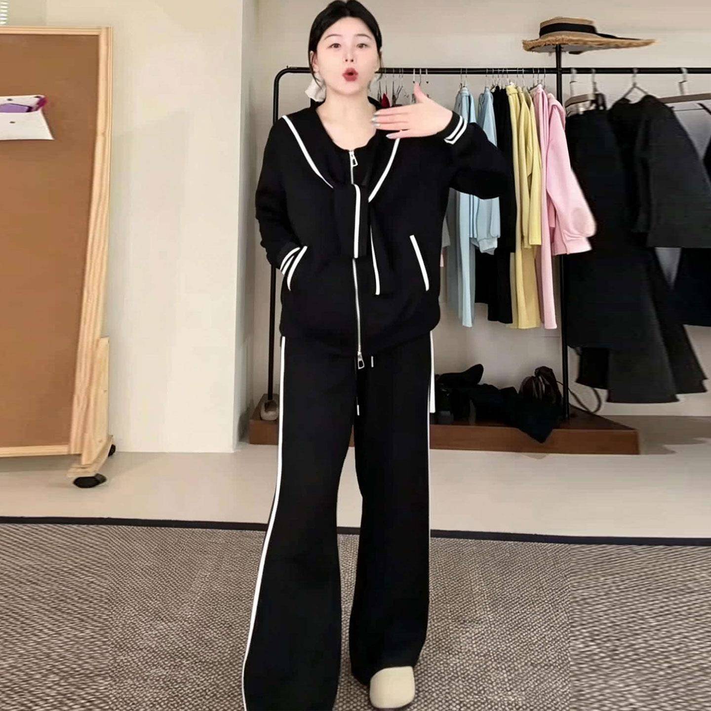新品大码黑色撞色边运动套装女秋季胖mm拉链外套阔腿裤减龄百搭两