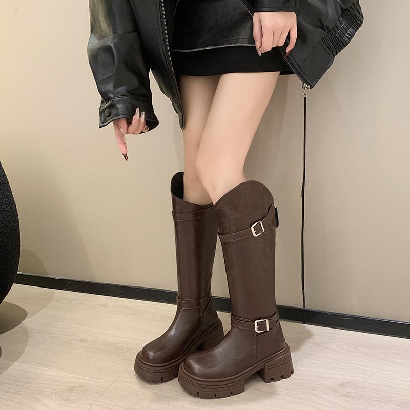 新品长筒靴子女2025秋冬新款加绒厚底粗跟长靴不过膝小个子高筒骑