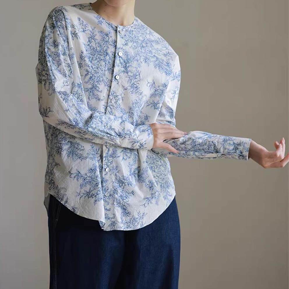 新品新中式国风印花上衣2026春季新款女装纯棉圆领衬衫女长袖外搭