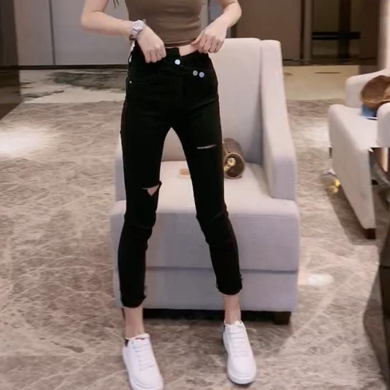 新品黑色破洞直筒牛仔裤女春秋新款大码胖mm高腰弹力显瘦九分小脚
