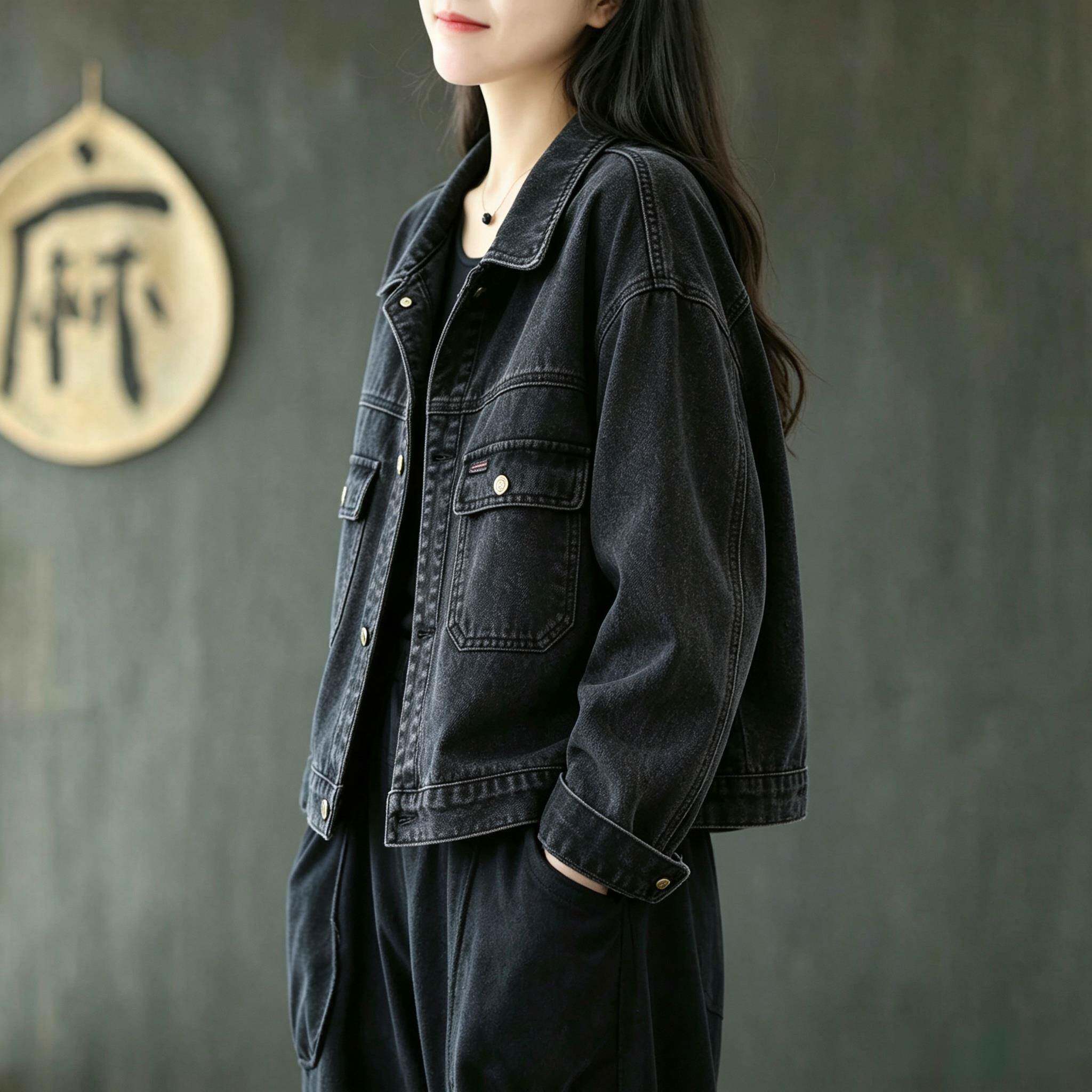 新品港风黑色牛仔外套女春秋季宽松显瘦百搭短款夹克复古长袖上衣