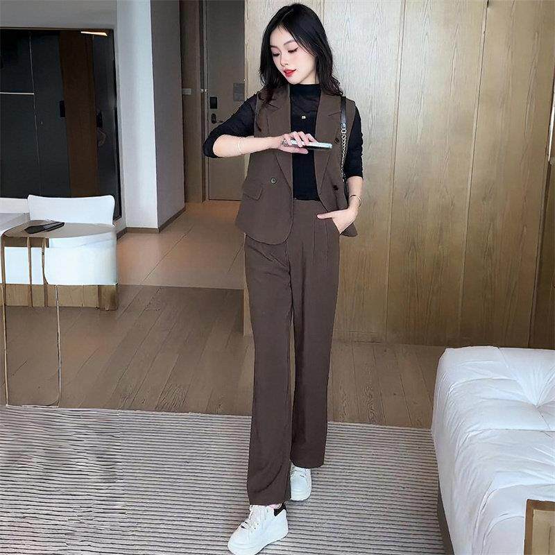 新品小个子时尚西装套装女士春秋新款职业马甲外套打底衫阔腿裤三
