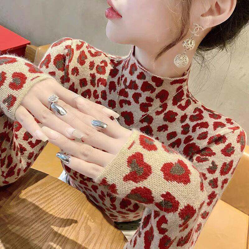 新品秋冬季2026新款女装半高领针织衫豹纹毛衣洋气早秋打底衫内搭