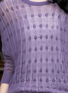 新品韩系chic绝美紫色镂空圆领长袖毛衣针织衫女秋季款轻熟风套头