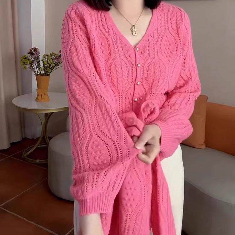 新品2026春秋新款V领针织开衫女宽松慵懒风毛衣外套长袖上衣外搭