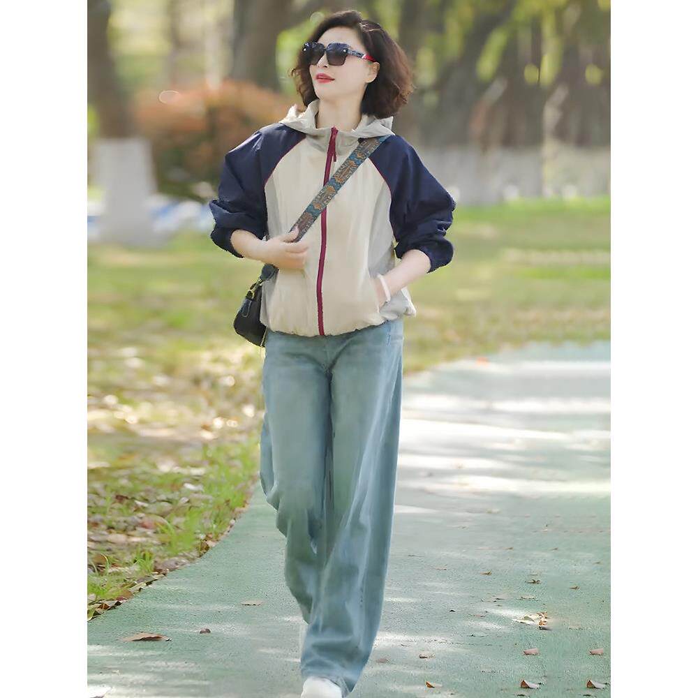 新品欧货休闲拼色两面穿外套女2026春秋新款连帽冲锋衣宽松防晒衣