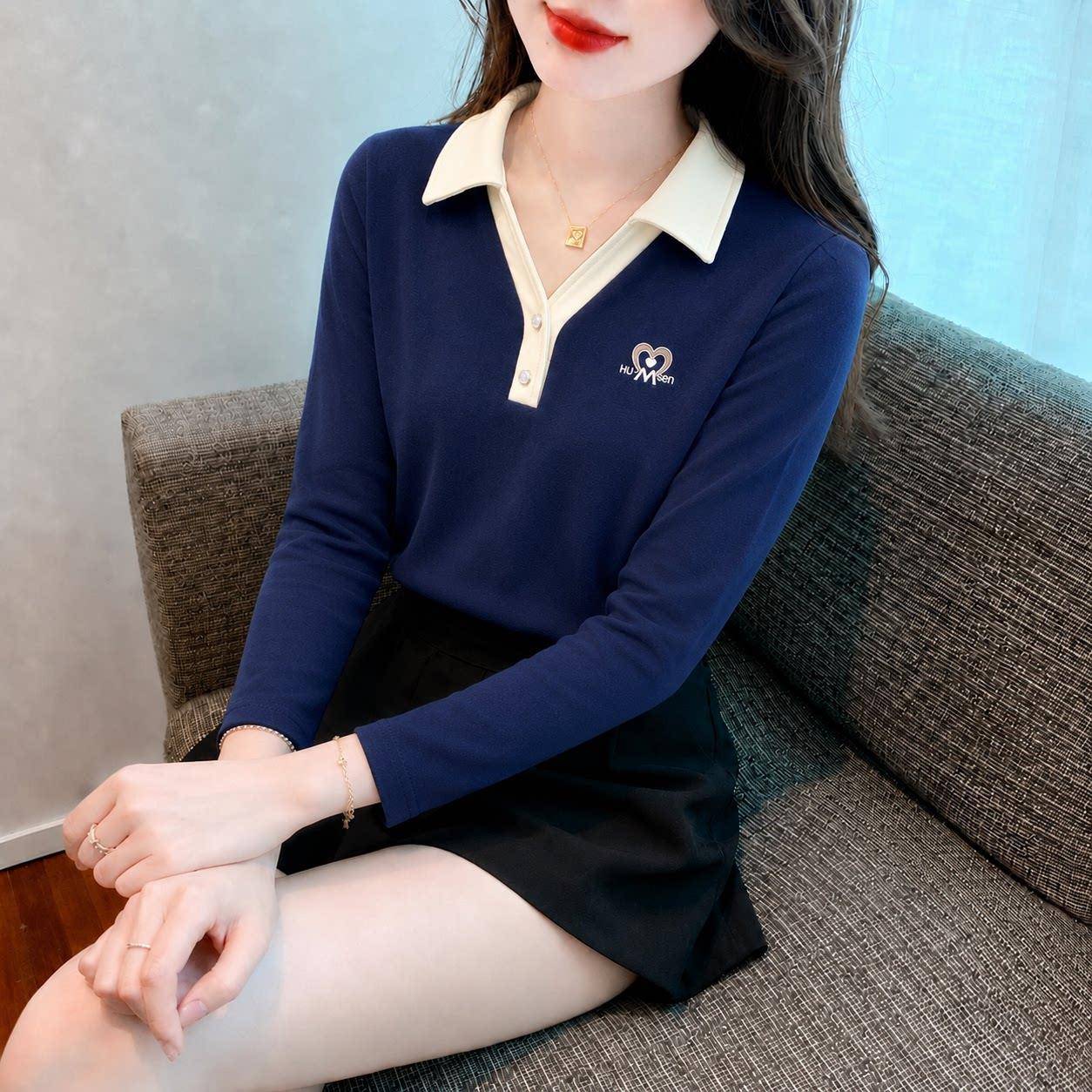 新品早秋薄款气质假两件Polo领长袖T恤女士秋衣百搭打底衫洋气上