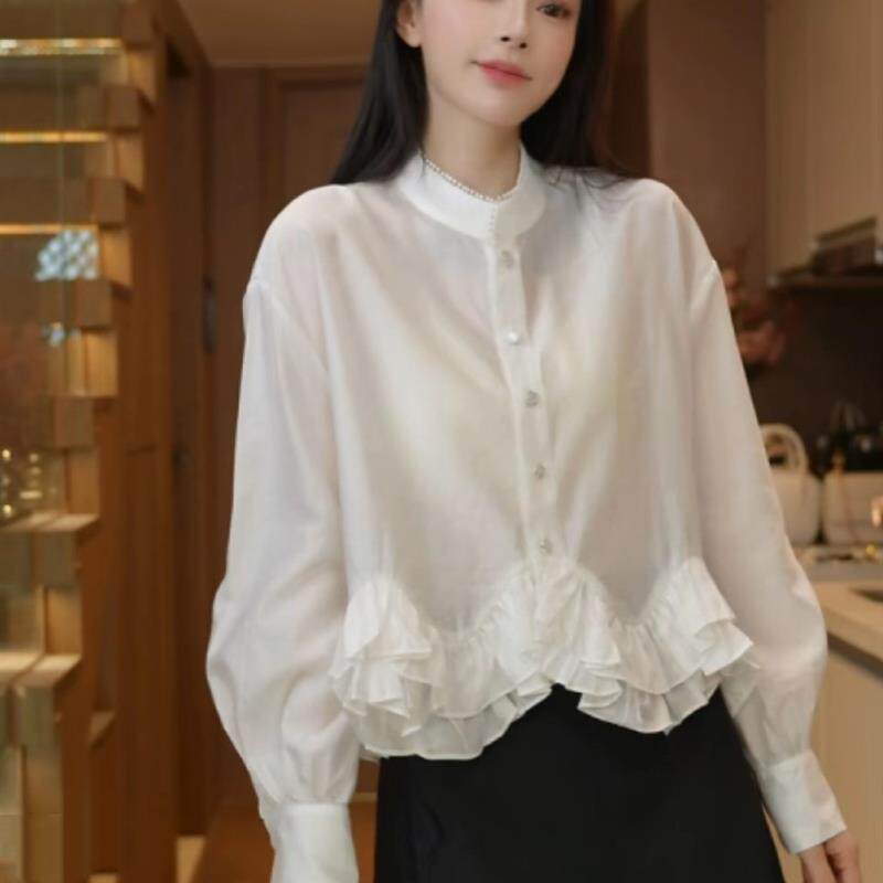 新品2025早秋韩系氛围感穿搭V领提花长袖衬衫女设计感小众高级感