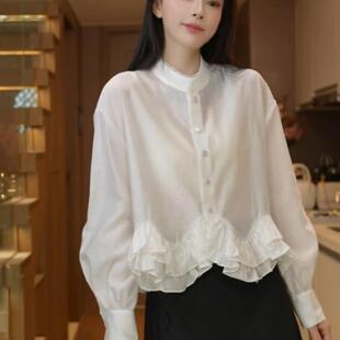 新品2025早秋韩系氛围感穿搭V领提花长袖衬衫女设计感小众高级感