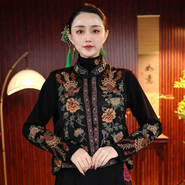 新品新中式国风高定刺绣暗纹提花马甲春秋季复古民族风立领侧开叉