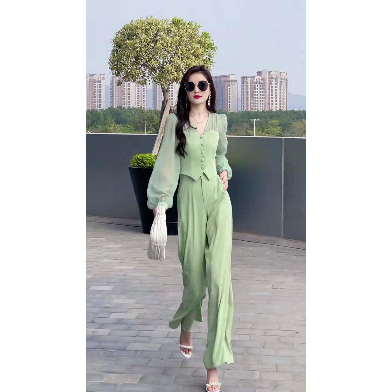 新品时尚气质优雅套装女春季新款V领雪纺拼接上衣高腰阔腿裤两件