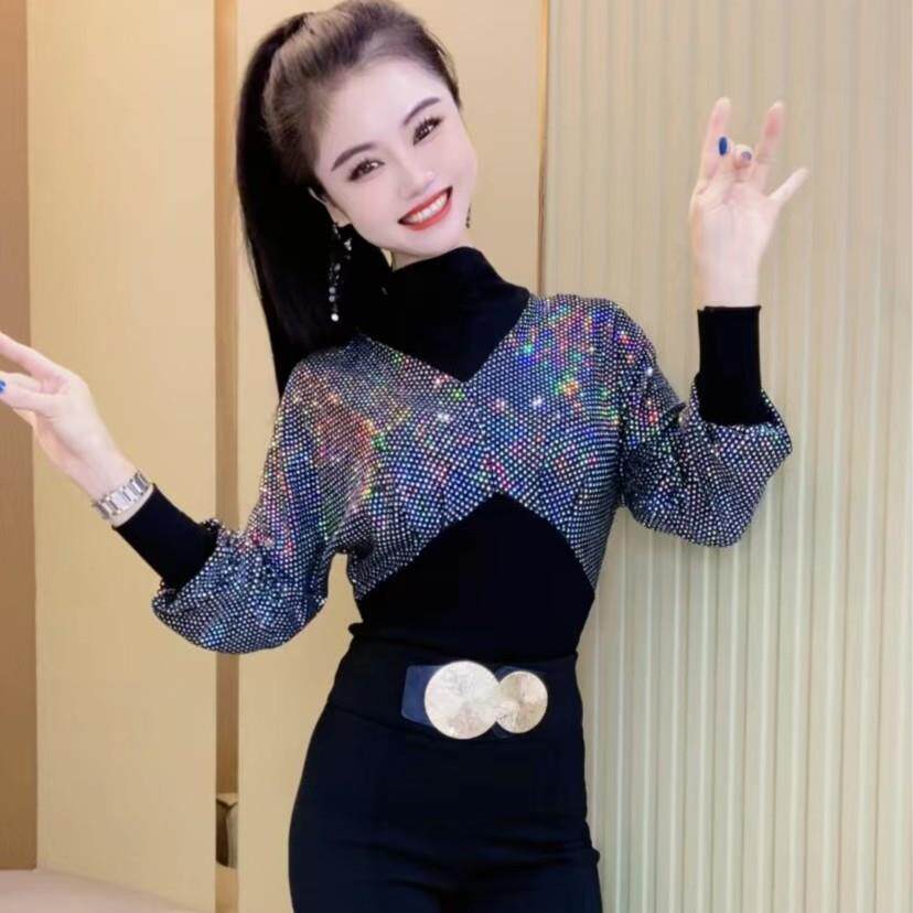新品欧货设计感重工亮片拼接半高领假两件长袖t恤女秋季新款洋气