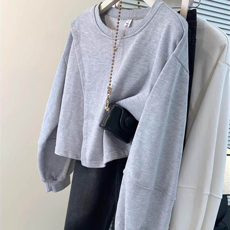 新品chic甜辣妹无帽圆领卫衣女春秋薄款韩版宽松显瘦短款小个子上