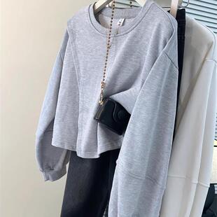 新品chic甜辣妹无帽圆领卫衣女春秋薄款韩版宽松显瘦短款小个子上