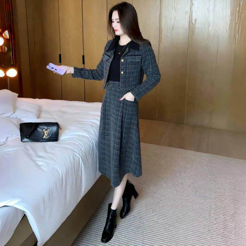 新品法式小香风时尚套装裙女士秋冬新款名媛外套洋气显瘦半身裙两