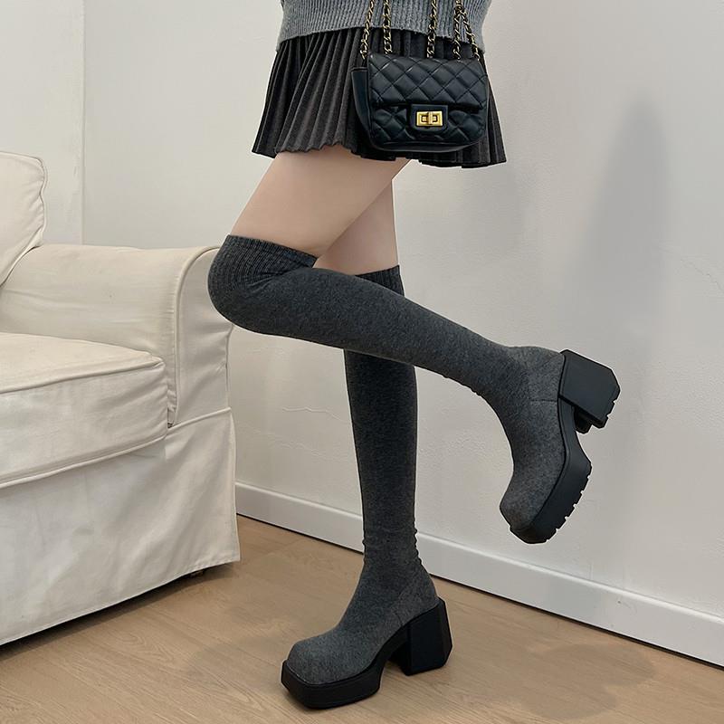 新品35-44码 大码女鞋43新款粗跟长靴女42尖头后系带高跟过膝长筒
