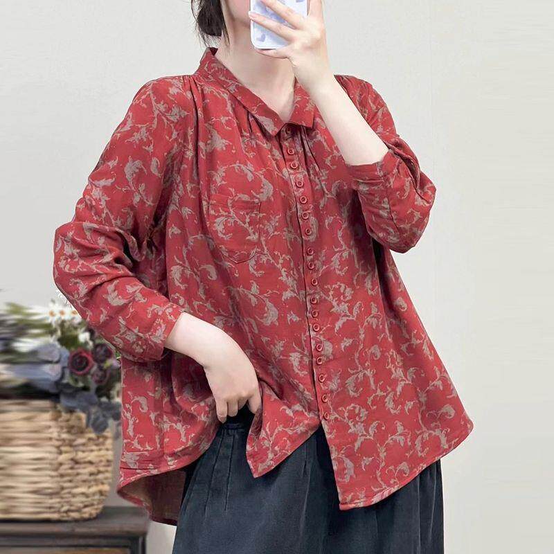 新品高档文艺范红色碎花妈妈双纱棉小衫大码女装遮肉宽松外穿2026