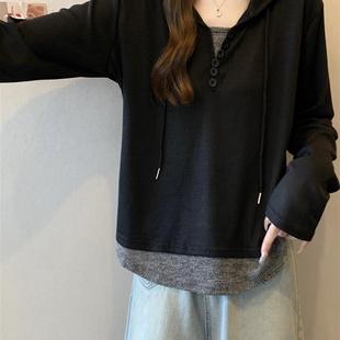 新品假两件正肩长袖连帽卫衣女春秋大码胖mm遮肚子显瘦打底衫短款