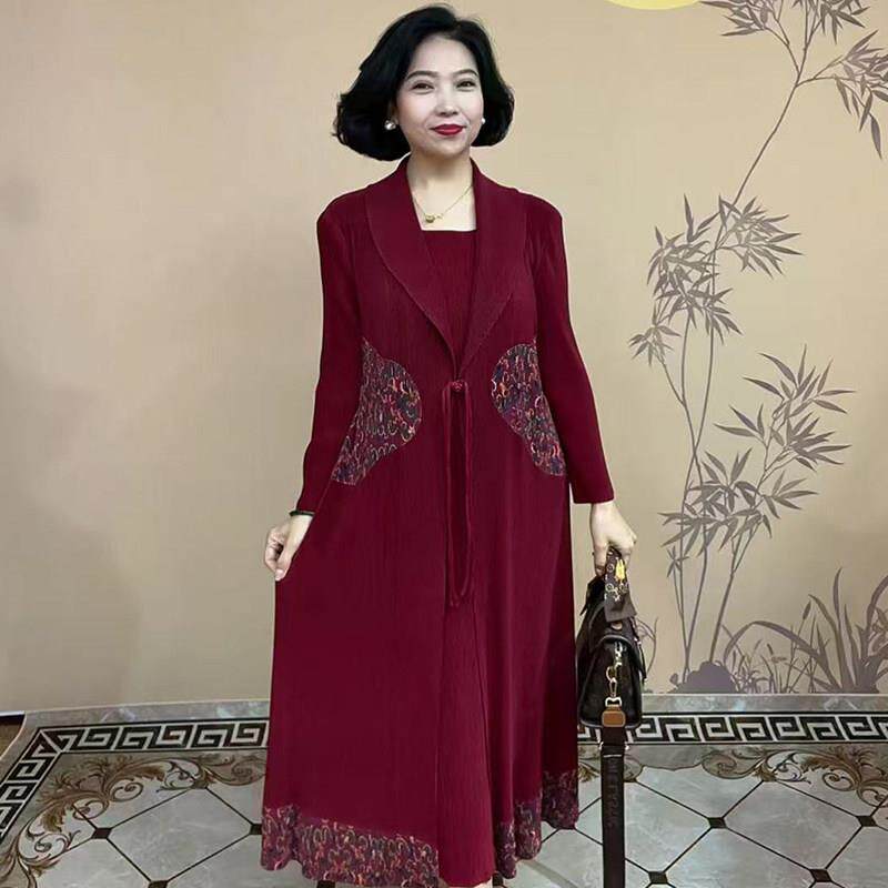 新品中老年妈妈气质长裙子2026秋装新款弹力大码洋气假两件百褶连