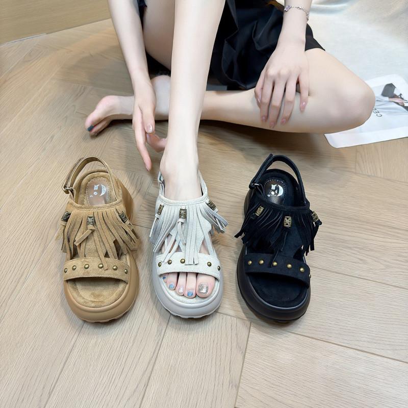 新品IG/IG增高8cm2025夏季新款一字带罗马凉鞋女波西米亚风流苏凉