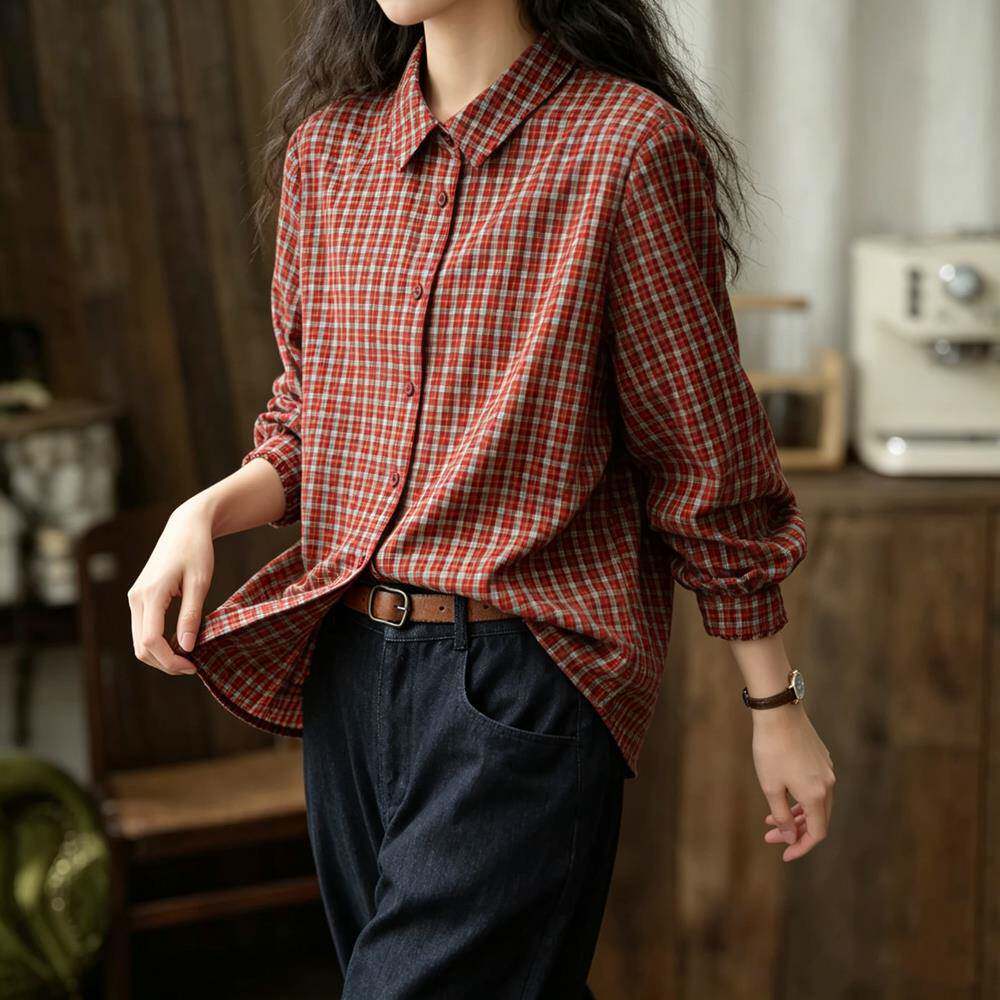 新品红色格子宽松防晒衬衫2026秋季新款女装宽松慵懒风衬衣女纯棉