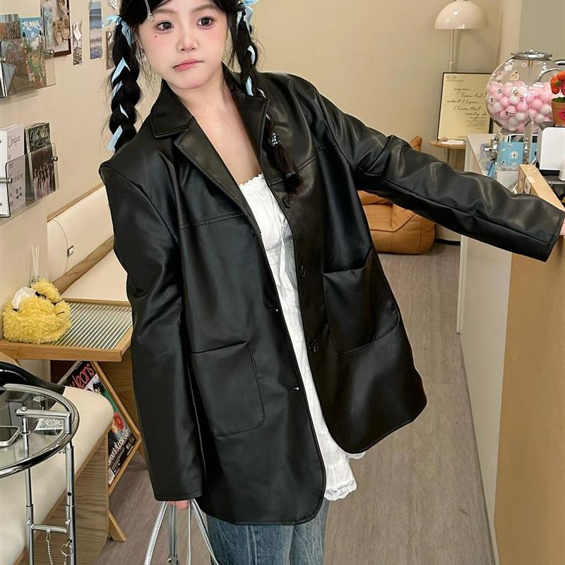 新品黑色西装皮衣外套女秋