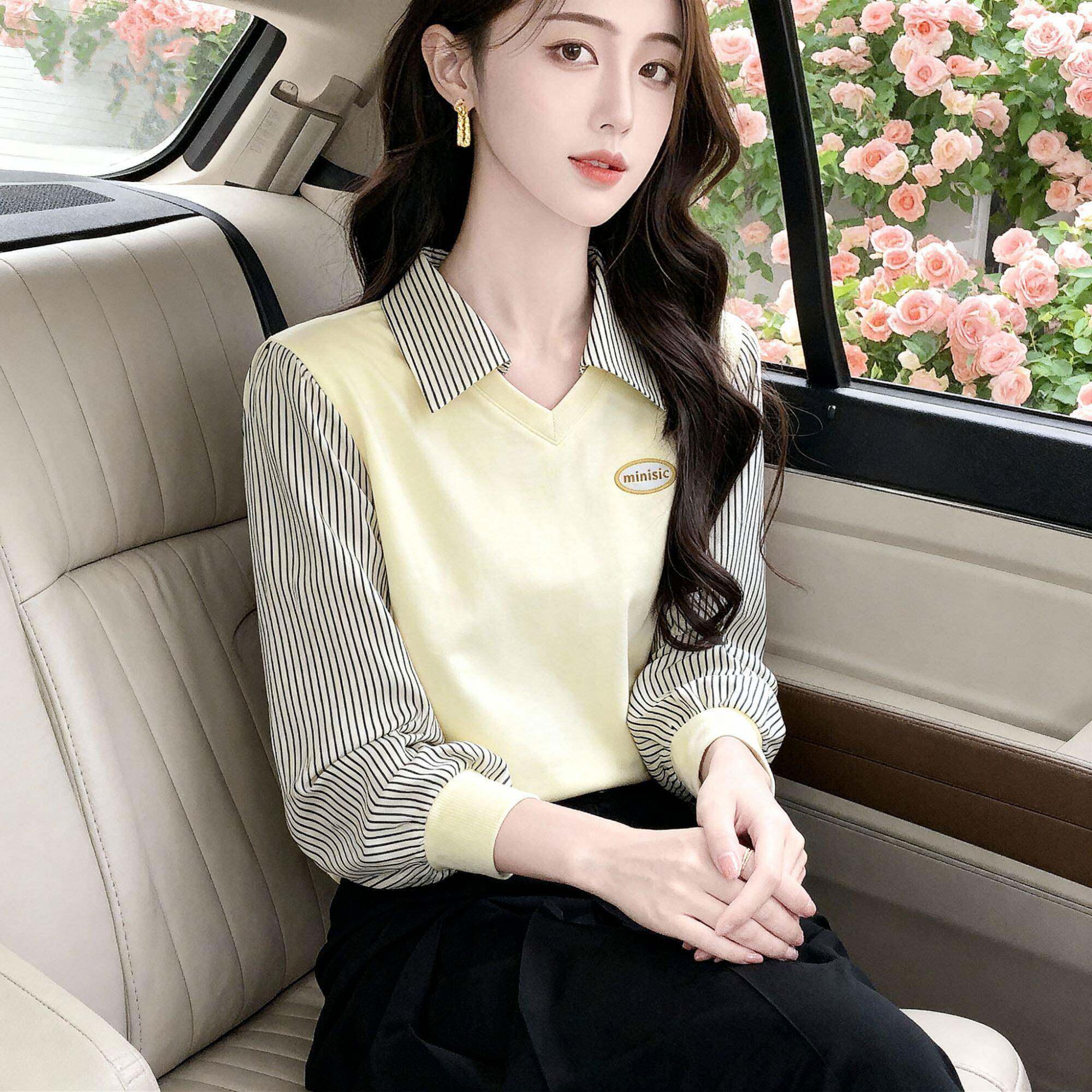 新品洋气假两件拼接长袖T恤女装秋季爆款2026百搭薄款秋衣POLO领