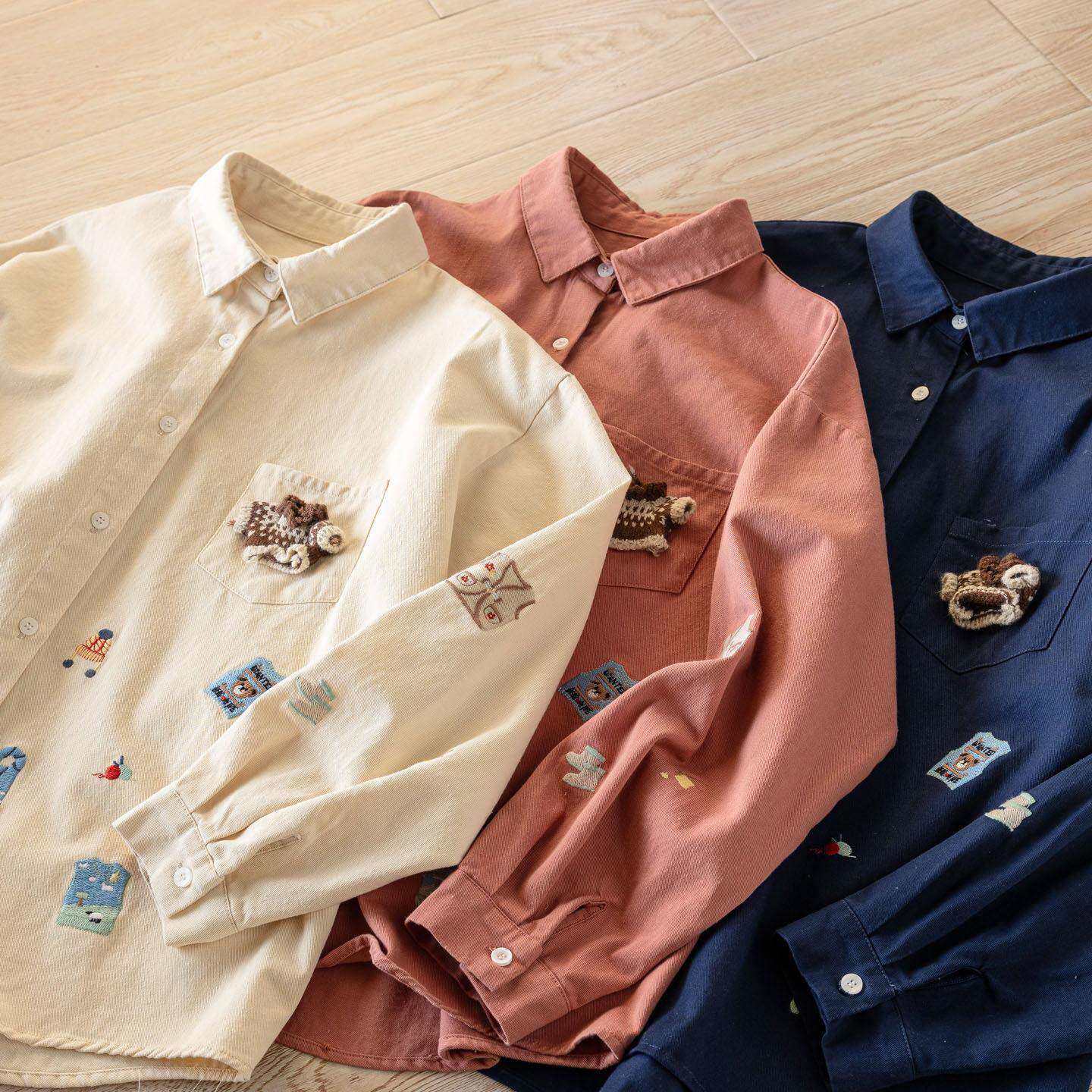 新品2026春秋新款日系卡通刺绣口袋棉布翻领长袖衬衫女宽松减龄上