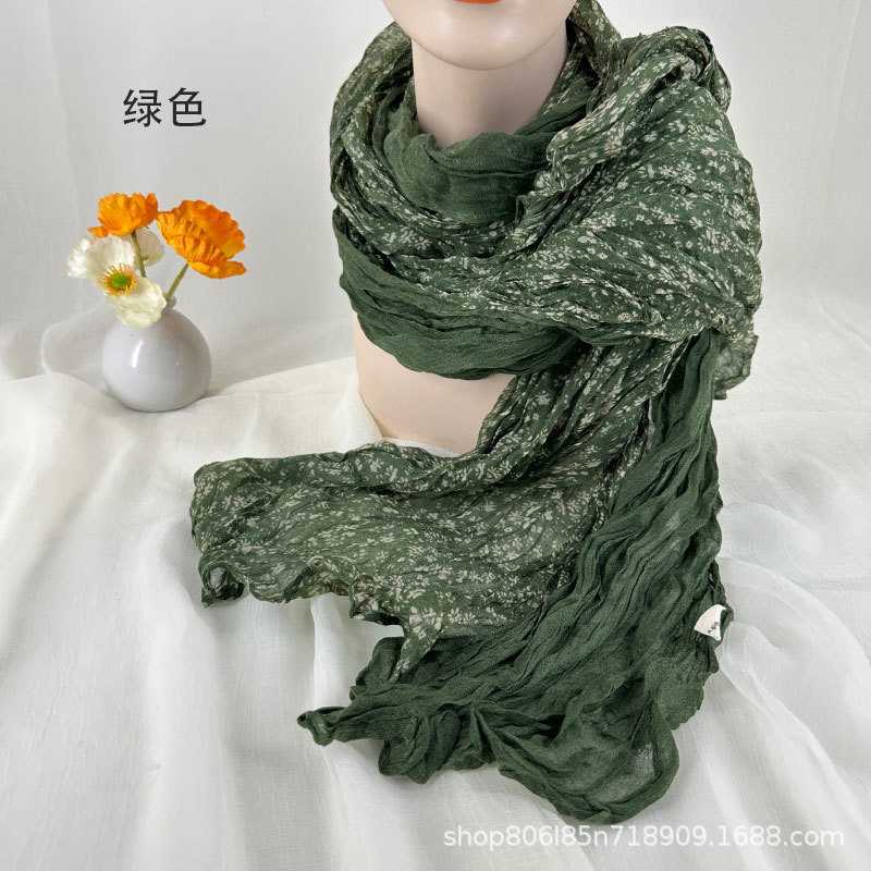 文艺复古围巾女秋冬印花薄款褶皱丝巾压皱古风棉麻小碎花拼接披肩