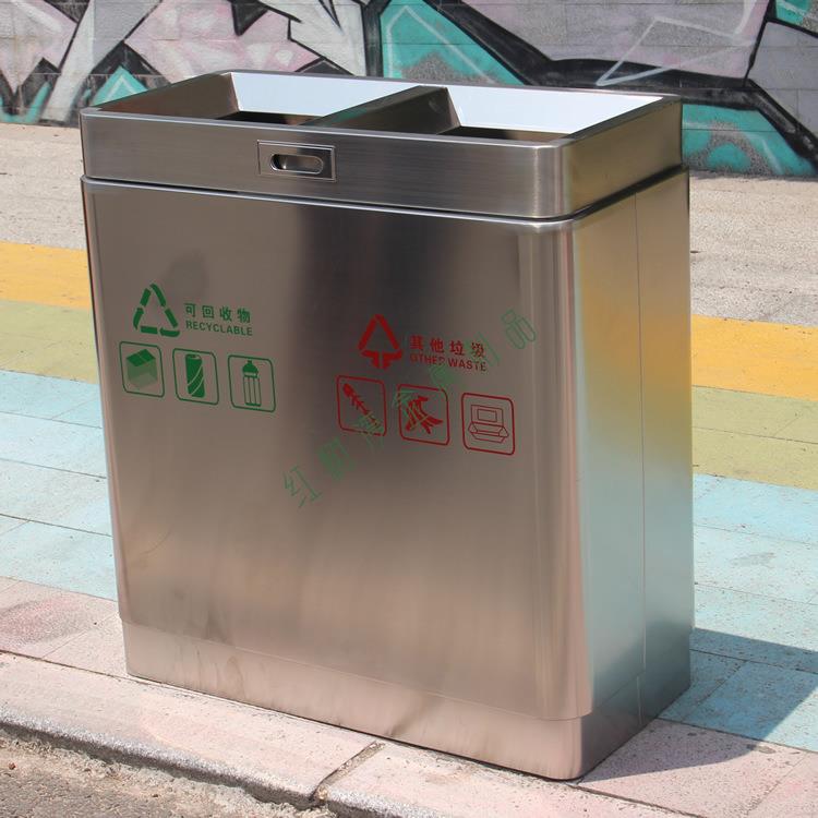 室内双分类不锈钢垃圾桶立式直投口金属垃圾箱商场简洁果皮箱