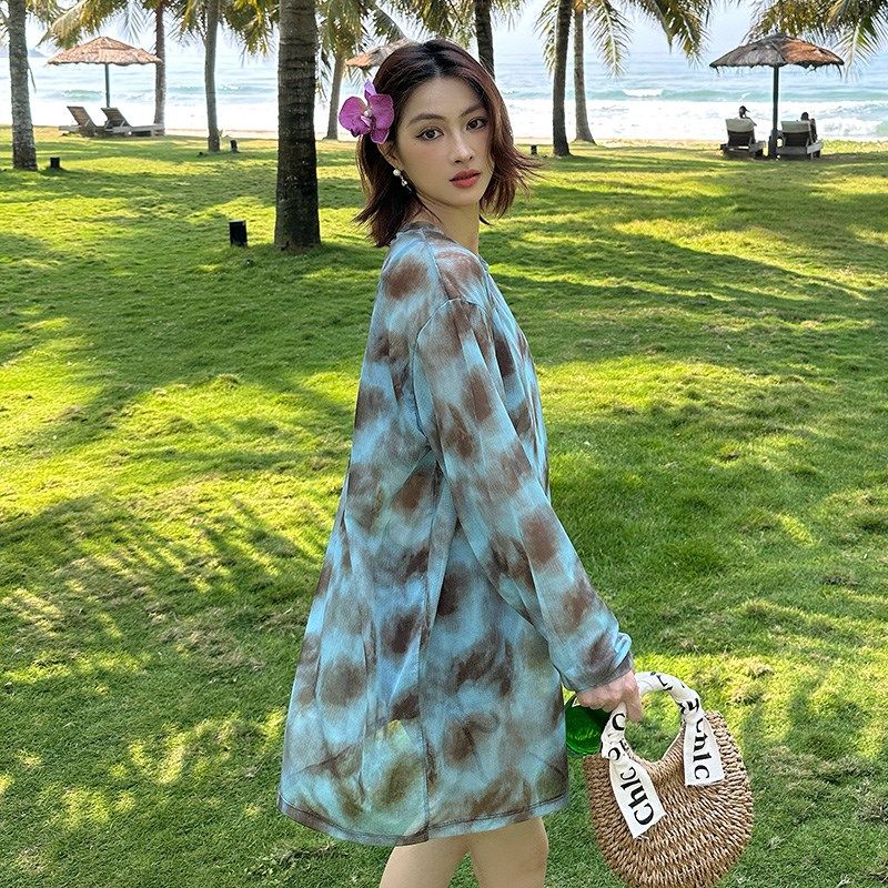 2025a新款三件套大码泳衣外罩衫宽松分体长袖温泉海边度假微胖女