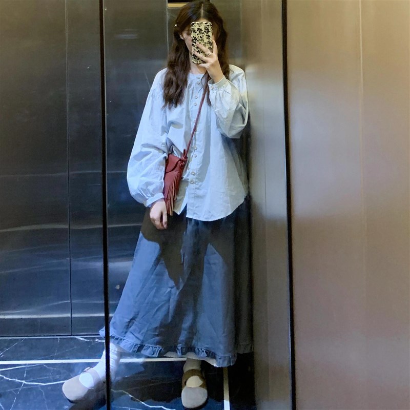 韩系学院风蓝色h长袖衬衫女2024秋季新款设计感宽松甜美长款衬衣