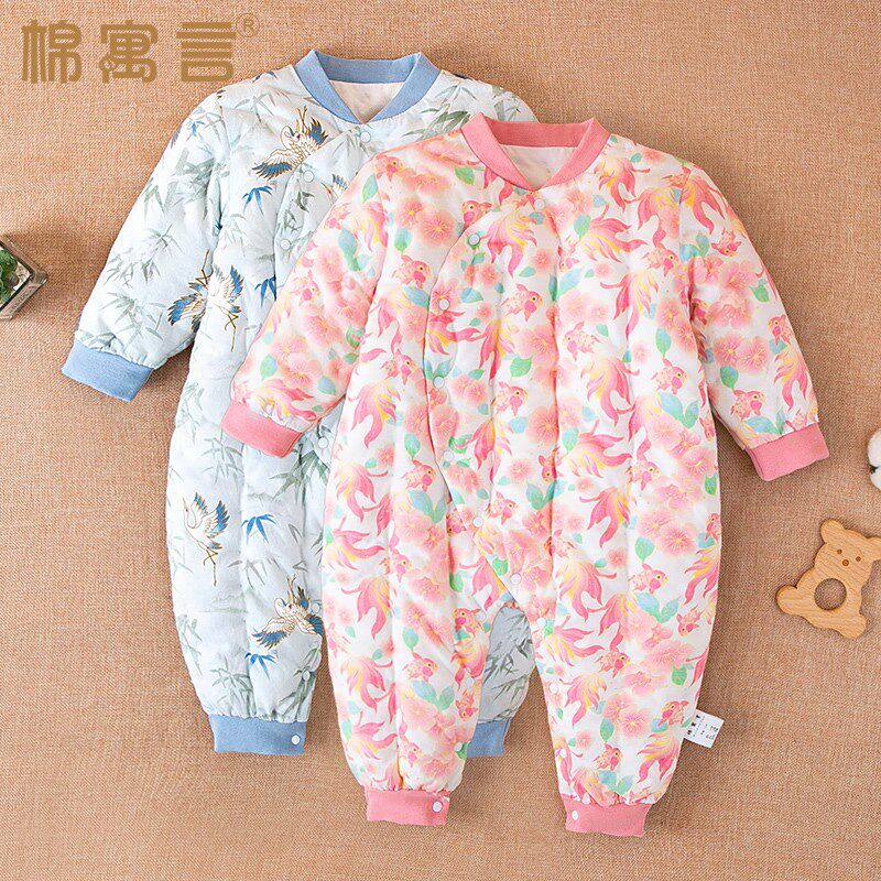 婴儿夹棉连体衣冬季加厚婴幼儿纯手工棉花棉衣宝T宝爬爬服保暖哈